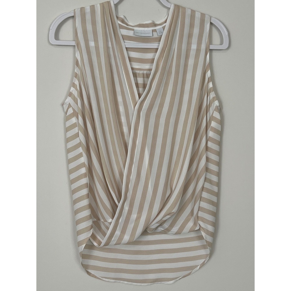 New‎ York & Company Tan White Striped Surplice Draped Sleeveless Blouse Small